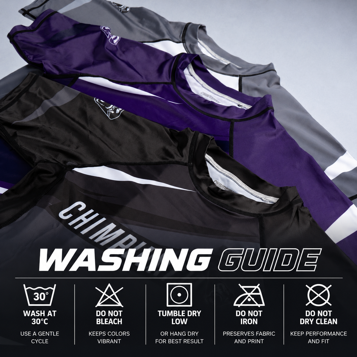 CHIMPJUNKIE rashguard washing guide with care instructions for proper cleaning and maintenance.